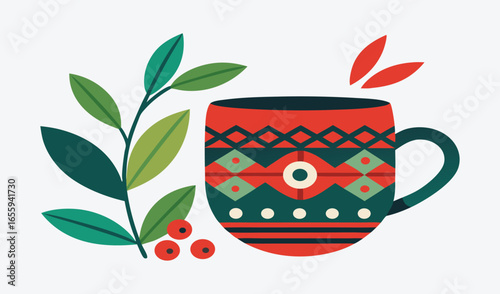 Love of hot tea and a cup of coffee with red heart on a saucer
