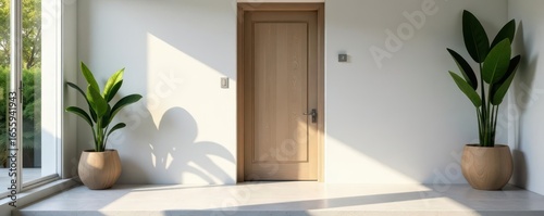 Sleek minimalist entryway, potted succulent adds vibrancy , green, aesthetic, stylish