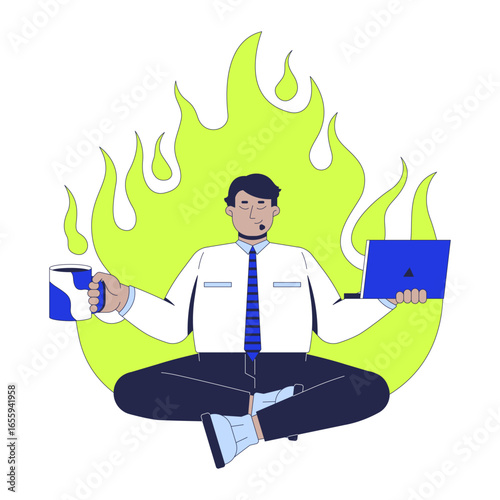 Stress management soft skill 2D illustration concept. Professional mindfulness. Calm business arab man cross-legged with coffee mug and laptop cartoon character isolated on white. Flat vector metaphor