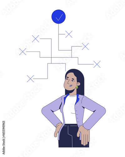 Decision making soft skill 2D illustration concept. Critical thinking. Adaptability. Corporate arab woman strategic planning cartoon character isolated on white. Flat abstract vector metaphor