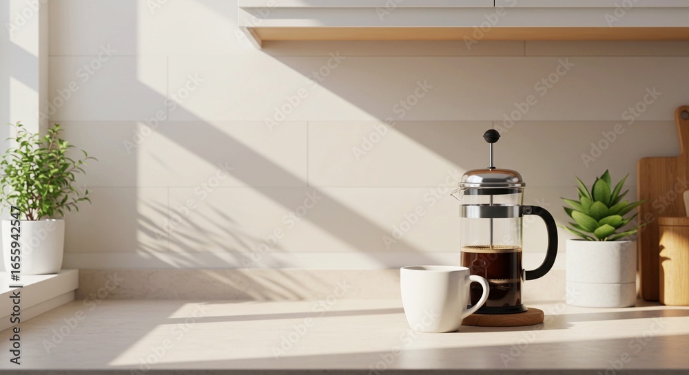 Obraz premium Coffee in French press beside white cup on kitchen countertop with plants