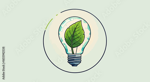 Creative Illustration of Light Bulb with Green Leaf Inside on Light Green Background