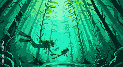 Two scuba divers explore a vast, sunlit underwater kelp forest in a pixel art illustration.