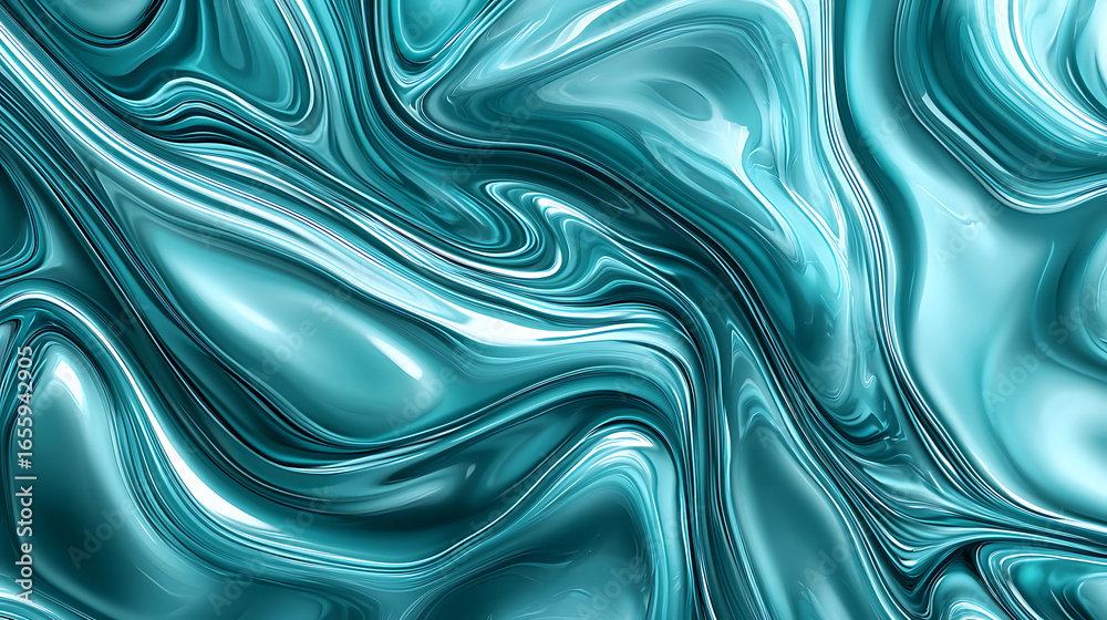 Fototapeta premium Swirling turquoise and black abstract pattern with smooth, flowing lines and textures.