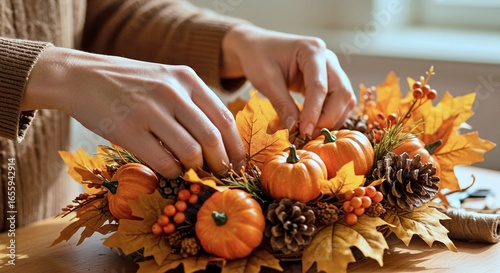 Fototapeta Naklejka Na Ścianę i Meble -  Woman arranging autumn centerpiece with pumpkins and fall foliage