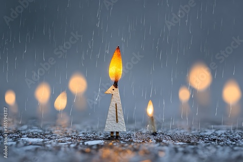 Tiny figure with fiery head stands strong in heavy rain, symbolizing resilience and hope amidst adversity, a beacon of light.