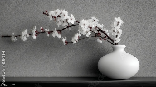 A smooth white vase with delicate cherry blossoms in pale pink stands against a textured grey wall,
