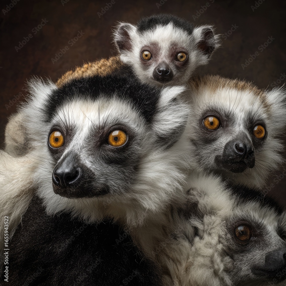 Fototapeta premium Portrait of a Ring Tailed Lemur Family with Orange Eyes and Black and White Fur in a Dark Brown Background