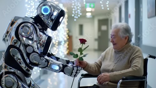 A humanoid robot presenting a rose to an elderly woman in a brightly lit corridor decorated for the holidays