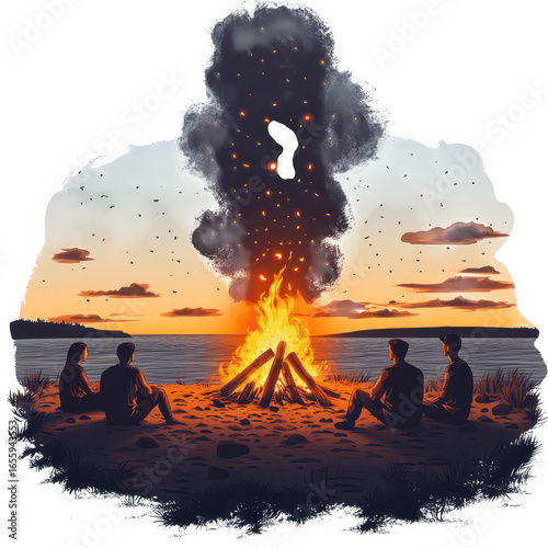 Silhouettes of people sitting around a glowing bonfire on a beach at sunset with a starry night sky above isolated on transparent background