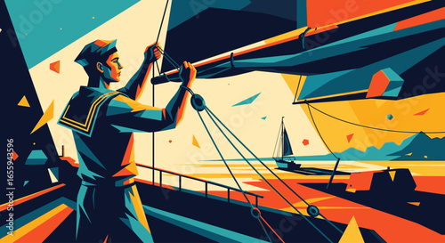 A stylized illustration of a sailor on a ship's deck looking out at the sea during a vibrant sunset.
