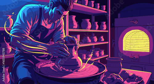 A focused male artisan shapes a clay pot on a potter's wheel in a vibrant, neon-lit workshop.