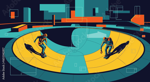 A dynamic graphic illustration of two skateboarders riding inside a colorful yellow and teal skate bowl, set against an abstract geometric cityscape.