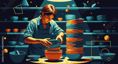 A potter carefully stacks colorful ceramic bowls in a workshop under a spotlight.