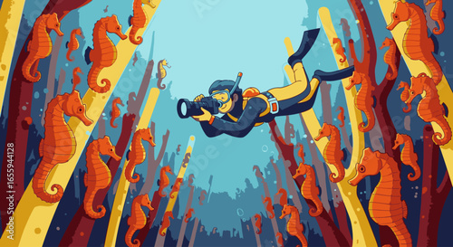A scuba diver with a camera swims through a colorful underwater kelp forest teeming with orange seahorses.