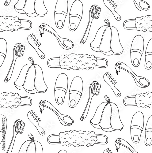 Minimalist black and white seamless pattern with hand-drawn sauna elements. Background of hats, brushes, combs, sponge, ladles, and slippers in doodle style