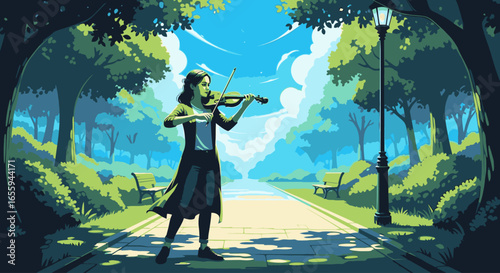 A young woman plays her violin on a sunlit pathway in a lush, tranquil city park.