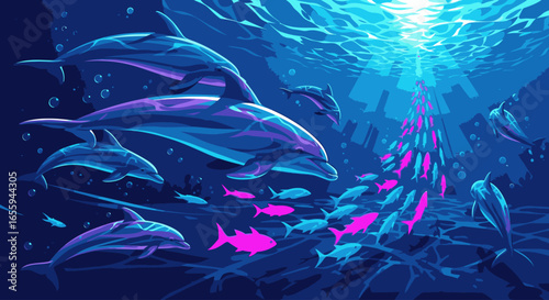 A pod of stylized dolphins swims through a deep blue ocean, chasing a swirling school of glowing pink fish.