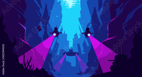 Futuristic submarines with glowing purple searchlights exploring a deep underwater canyon.