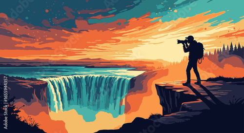 A photographer in silhouette stands on a cliff's edge, capturing a majestic waterfall during a vibrant sunset.