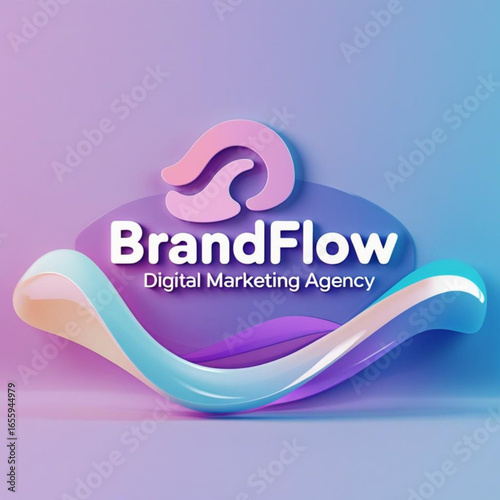 Brandflow digital marketing agency logo with abstract wave design on gradient purple background scene view
