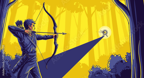 A fantasy archer in a blue and yellow forest aims a bow and arrow at a tiny, luminous spirit.