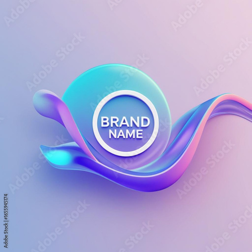 Abstract presentation featuring circular element with brand name text and flowing ribbon design element shape art