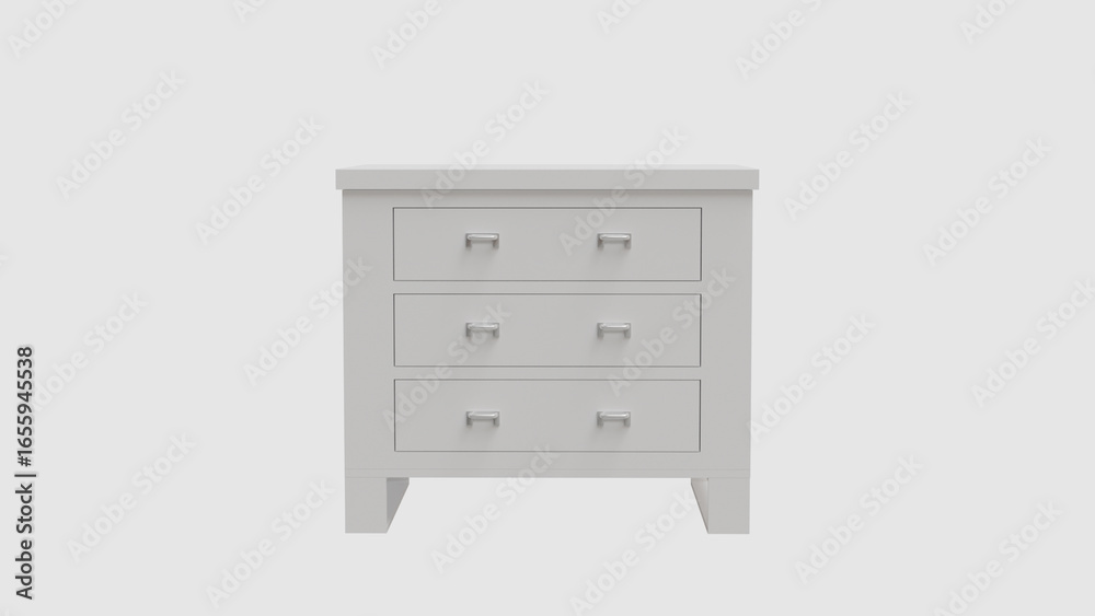3D model of white chest of drawers with three drawers on legs isolated on white background, minimalist piece of furniture for interior, design 3D model of white chest of drawers with three drawers on legs isolated on white background, minimalist piece of furniture for interior, design