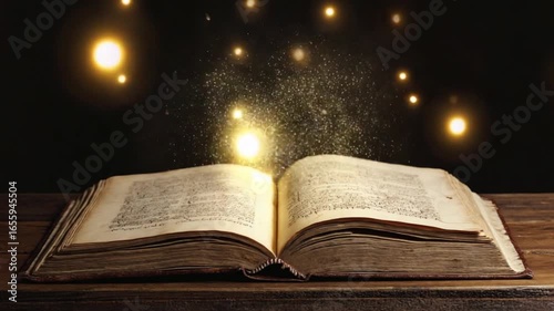 Mystical open book with glowing dust and particles. Suitable for fantasy stories, magical themes, or historical and educational content.