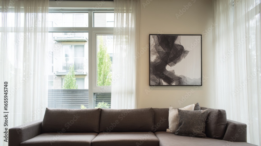 Fototapeta premium An elegant living room with natural light, sheer white curtains, dark gray sectional sofa, textured throw pillows,