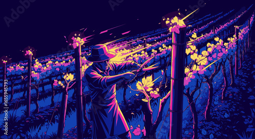 A stylized illustration of a vintner harvesting magical, glowing grapes in a neon-lit vineyard at night.