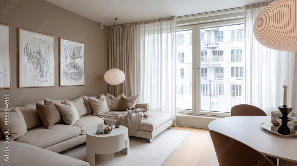 Fototapeta premium A modern living space with natural light, large windows, soft white curtains, L-shaped sofa, contemporary coffee table,