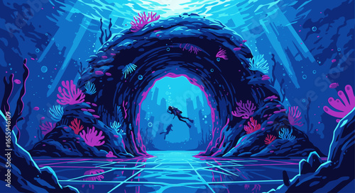 Scuba divers explore a vibrant, glowing underwater cave in a futuristic pixel art ocean scene.