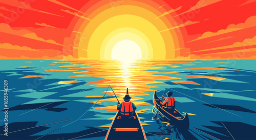A stylized illustration of two people fishing from canoes on a calm lake during a vibrant sunset.