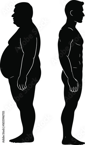 Body type silhouettes, fitness comparison, obese and fit figures, health concept, physical transformation, weight contrast, human shape, lifestyle change, wellness
