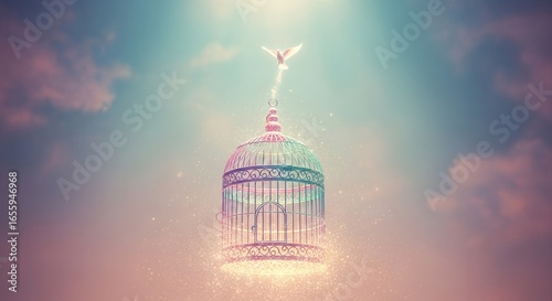 Freedom and Liberation Concept with Bird Escaping Shimmering Birdcage into Dreamy Sky