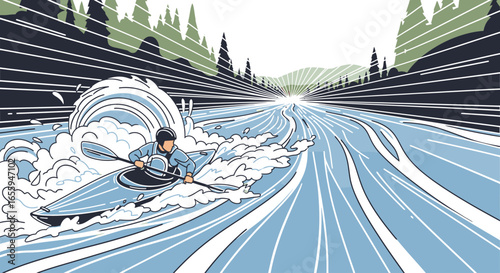 Dynamic illustration of a kayaker paddling through whitewater rapids on a fast-flowing river.