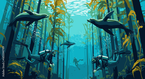 Scuba divers explore a vibrant kelp forest while playful sea lions swim gracefully around them.