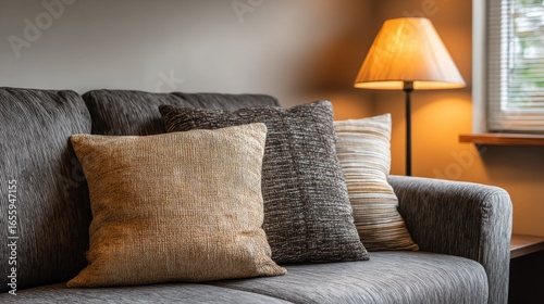 A cozy living room scene with a sofa featuring textured gray, brown, and beige cushions, softly lit by a lamp,