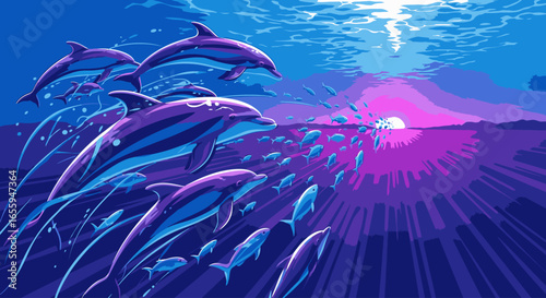 A pod of dolphins swims through a vibrant, stylized underwater world towards a glowing purple and pink sunset.