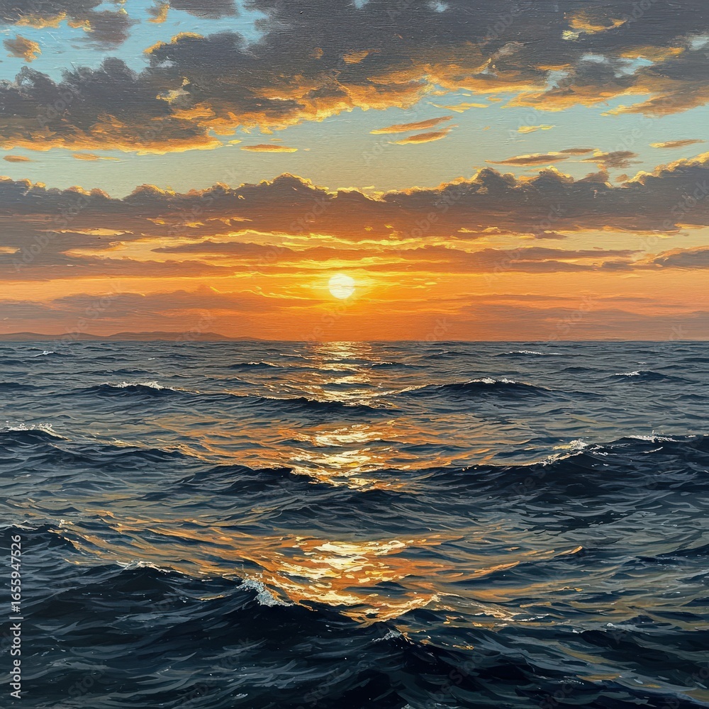Obraz premium Golden Sunset Over Ocean Waves
