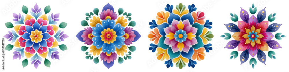 Fototapeta premium Happy diwali clipart watercolor, Colorful floral designs featuring intricate patterns and vibrant hues, showcasing symmetry and artistry.