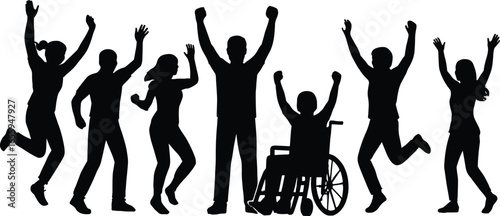 Diverse group celebrating unity and inclusion, joyful silhouettes of people with different abilities in vibrant community, happiness and teamwork spirit