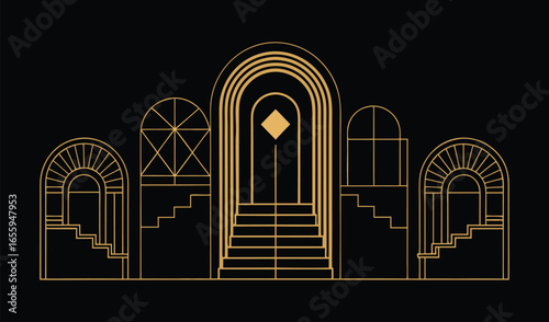 Gothic church window vector illustration featuring an ancient stone arch and medieval stained glass details