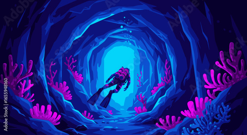 A scuba diver swims through a deep, glowing underwater cave illuminated by vibrant pink and purple coral.