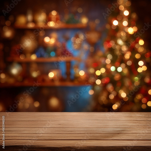 Wallpaper Mural Wooden Table with Blurred Christmas Tree and Festive Lights – Holiday Background, Product Mockup Template with Copy Space Torontodigital.ca