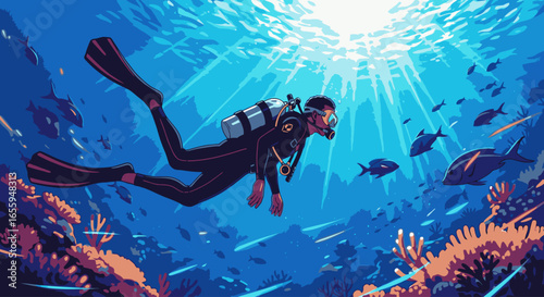 A scuba diver explores a vibrant coral reef teeming with fish under the sunlit ocean surface.