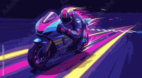 A motorcyclist in a colorful suit races a futuristic sports bike at high speed, leaving vibrant neon light trails.