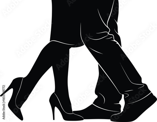 Elegant couple dancing, romantic silhouette, high heels and dress shoes, black and white style, graceful movement, intimate moment, stylish footwear, fashion pose