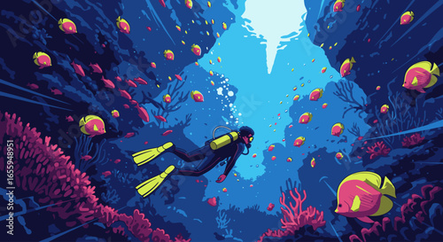 A scuba diver explores a deep blue ocean canyon surrounded by a vibrant school of fish and coral reefs.